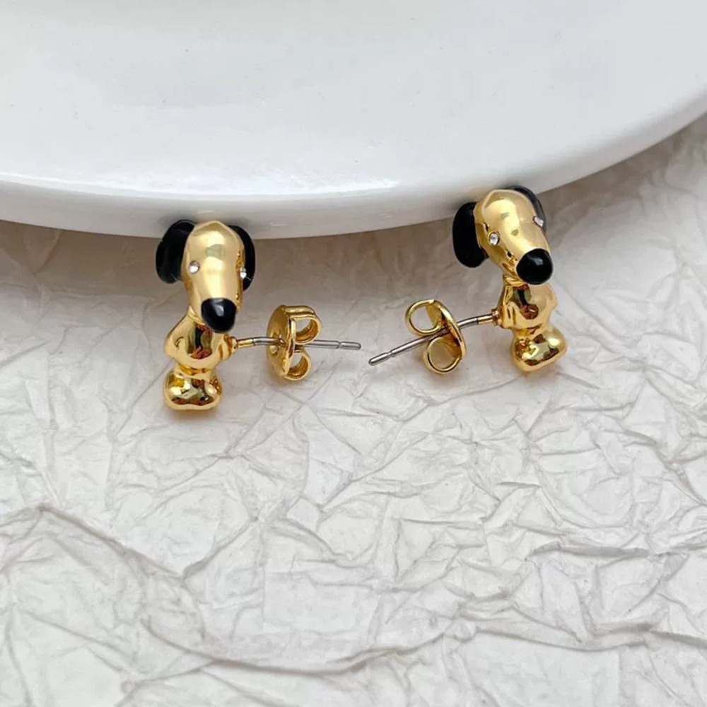 Coach Snoopy Earrings Gold Plated Copper Silver Posts Rhinestone